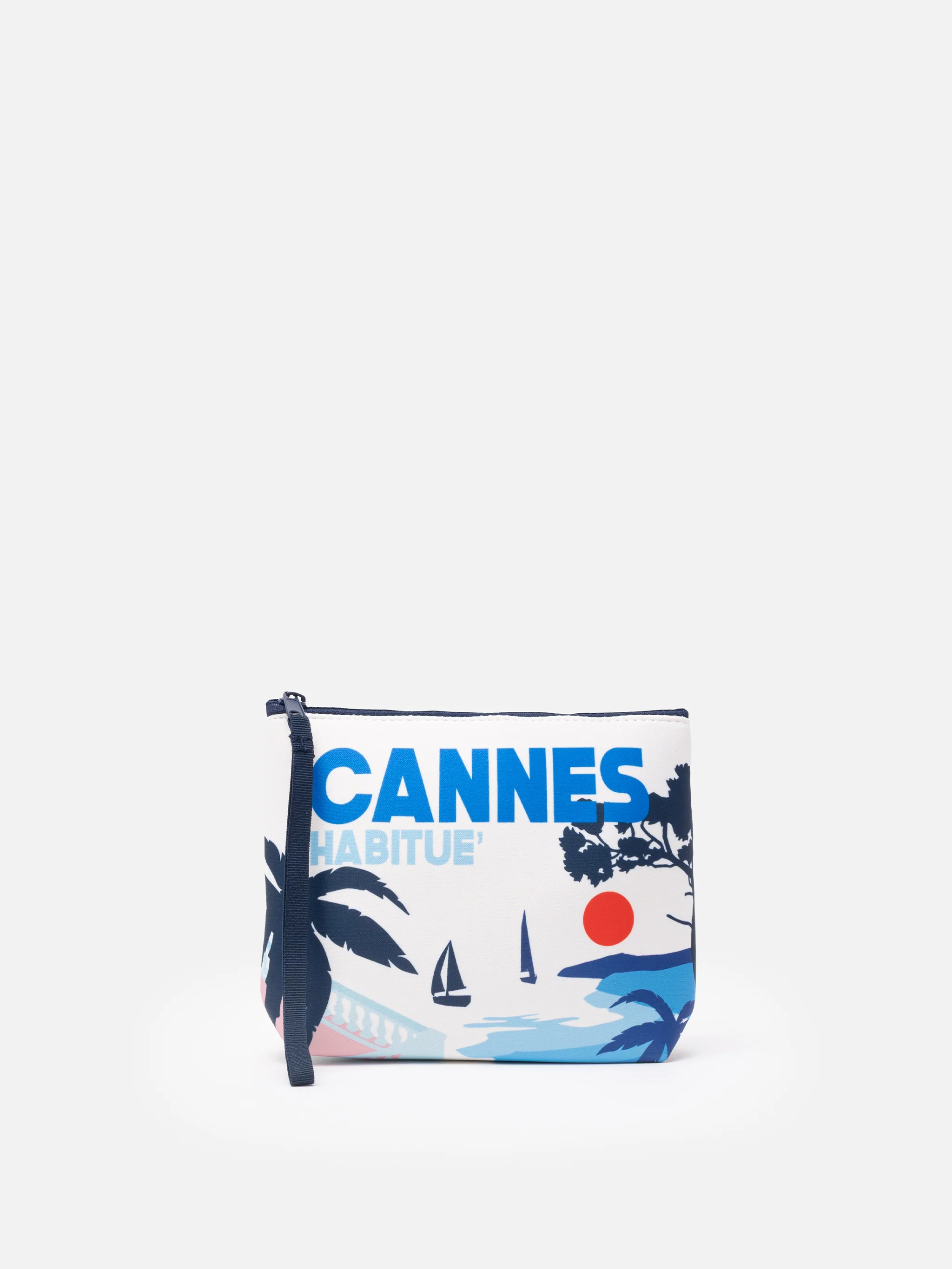 Aline scuba clutch tas met print van een ansichtkaart van Cannes