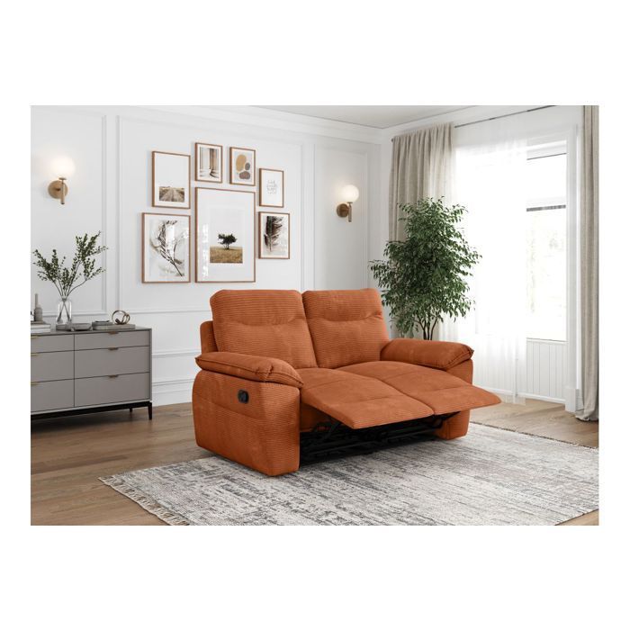 Canapé de relaxation manuel ROSS 2 places en velours côtelé - Terracotta - L160 x P100 x H102cm - LOUNGITUDE