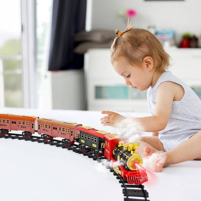 Trem elétrico com vapor, som e luz, trilho elétrico infantil com bateria recarregável, brinquedo de Natal para crianças.