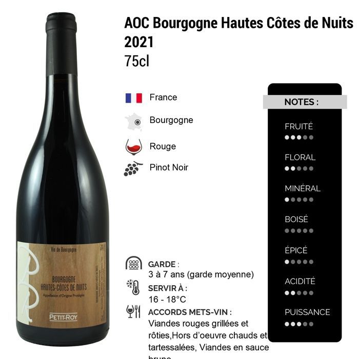 Domaine Petit Roy Bourgogne Hautes Côtes de Nuits 2021 - Vino Tinto Borgoña (3x75cl)