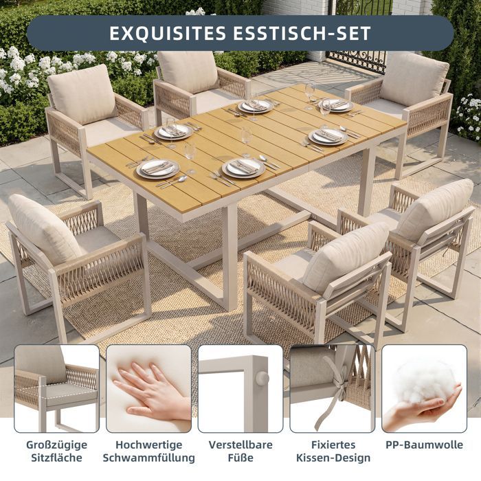 Ensemble table chaises jardin 6 places, combinable librement, avec coussins, résistant aux intempéries, 1 table 6 chaises, beige