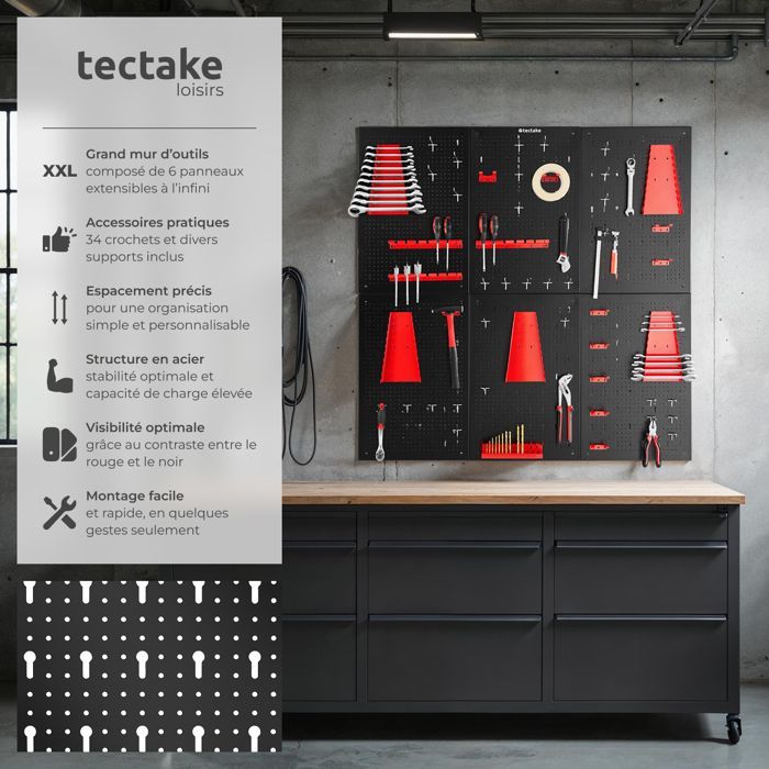 Werkzeugaufbewahrung – TECTAKE – Set mit 6 perforierten Stahlplatten JONAH zur praktischen Werkzeugaufbewahrung inklusive Haken