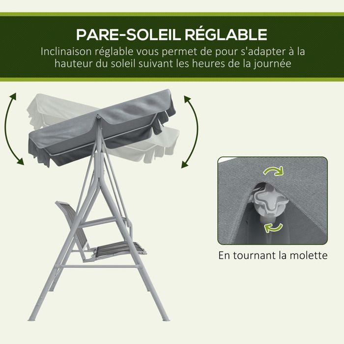 Columpio de jardín de 3 plazas - Outsunny - Toldo impermeable - Inclinación ajustable - Asiento y respaldo ergonómicos - Gris