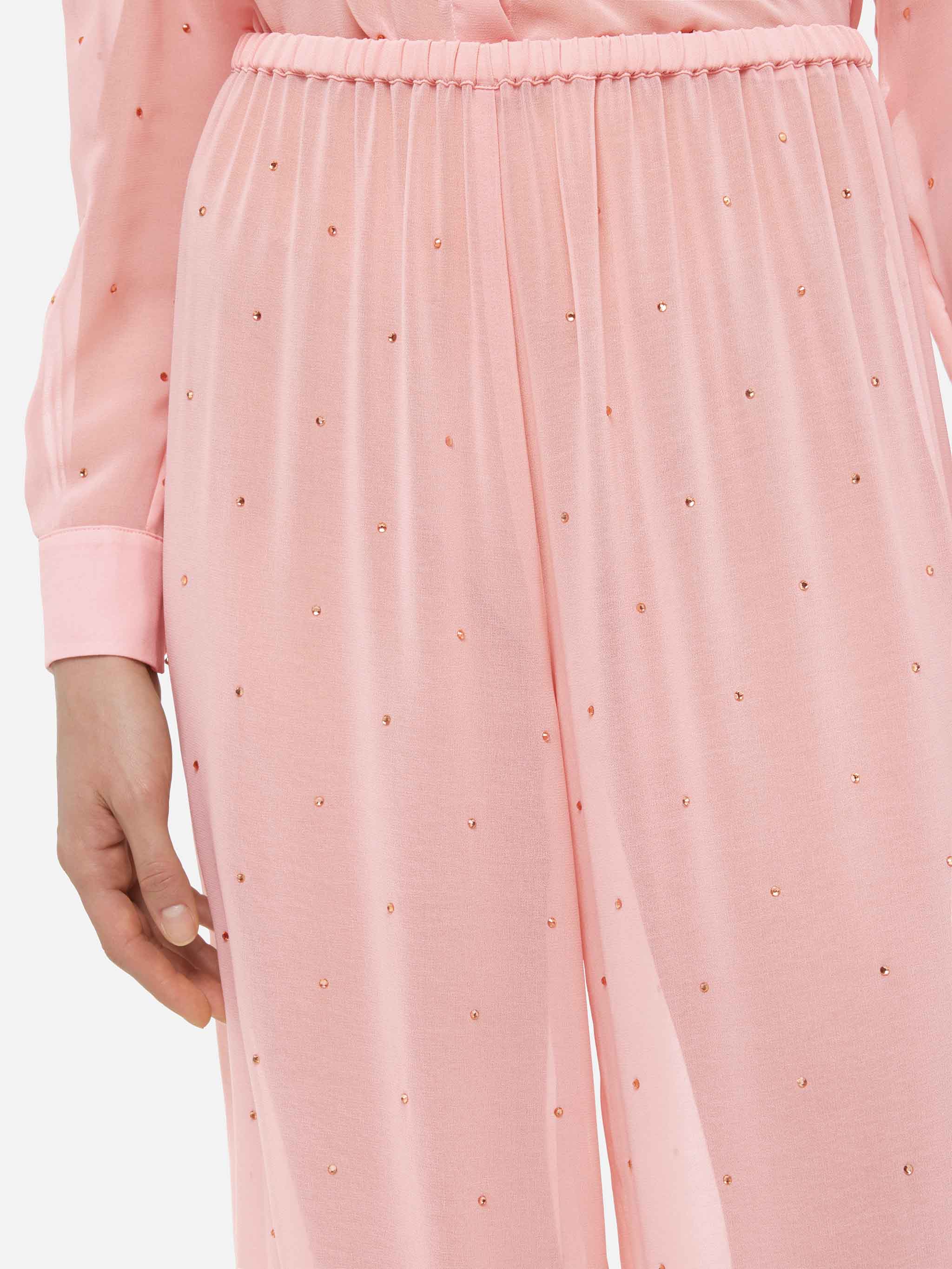 Amalia broek met wijde pijpen in roze georgette met strass-steentjes