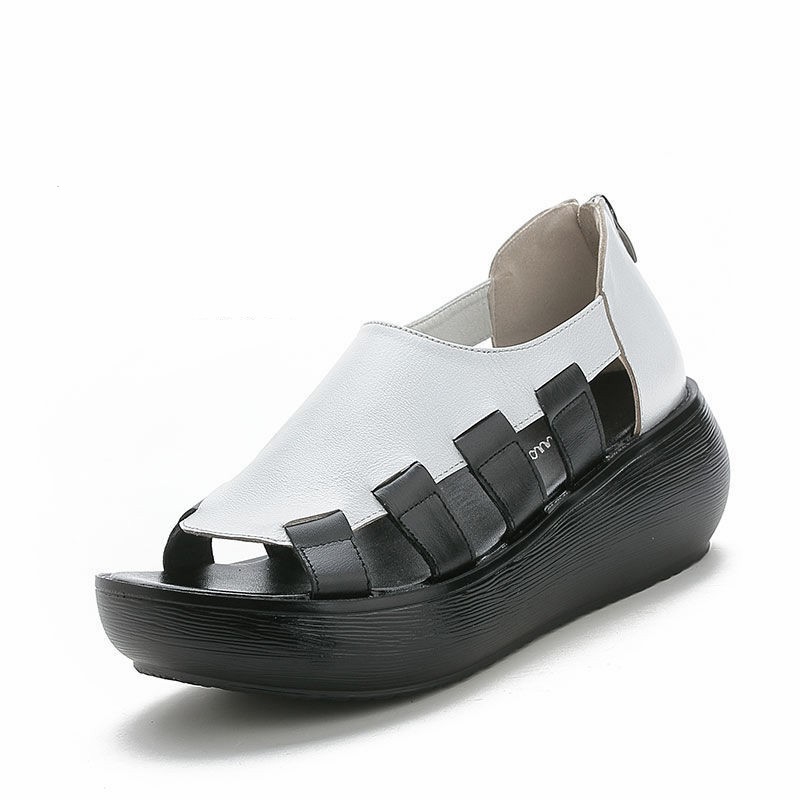 Sandales compensées en cuir véritable pour femmes, confortables et élégantes, à enfiler, idéales pour l'été. Semelle épaisse de haute qualité et respirantes.