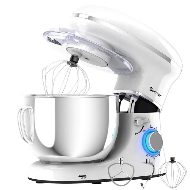 Batedeira de pedestal Costway de 6 velocidades, 660 W, com gancho para massa e batedor de arame, 6,3 qt (6,3 litros), branca.
