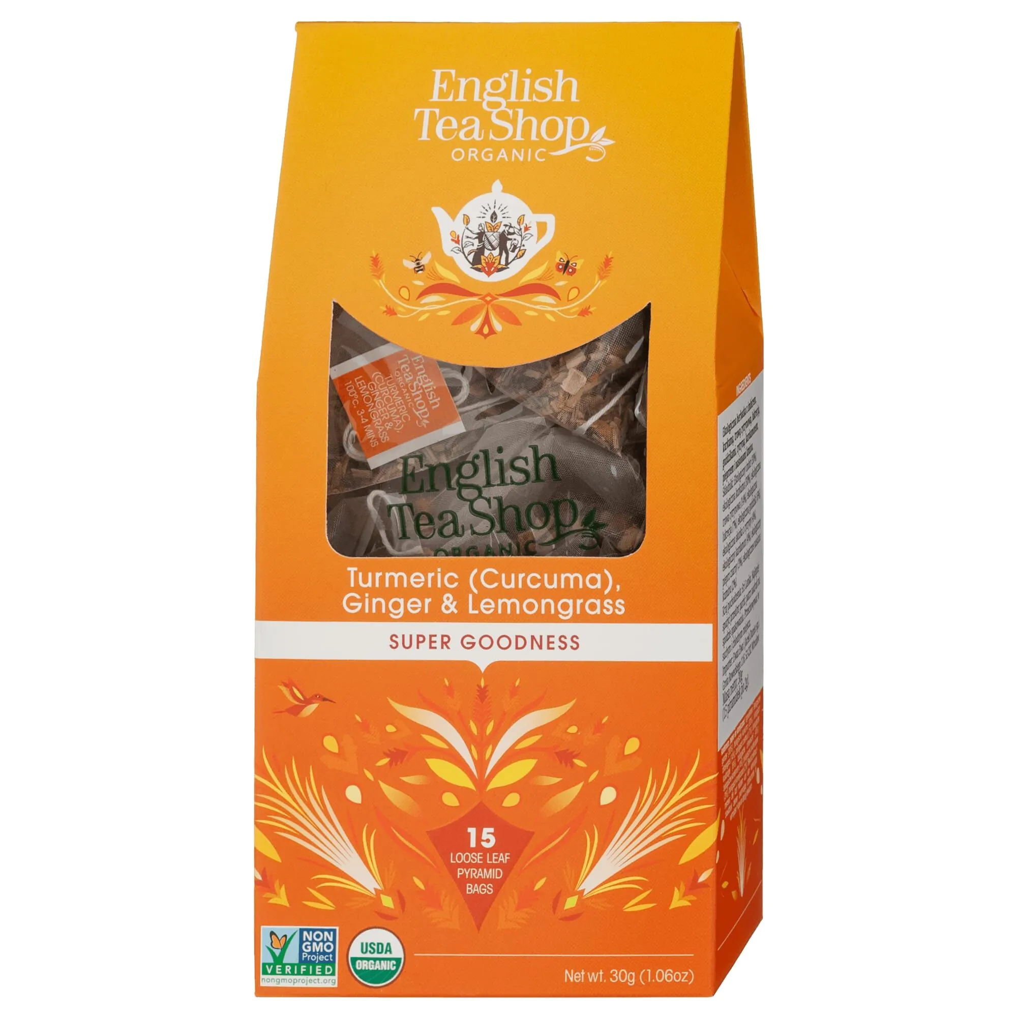 English Tea Shop Turmeric Ginger & Lemongrass, herbata liściasta bio, 15 piramidek