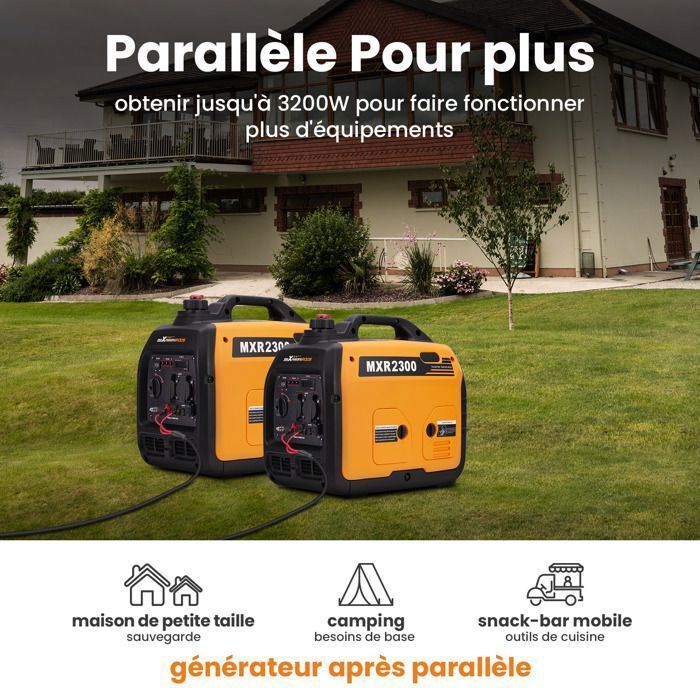 Generatore inverter a benzina da 2300W/1800W, compatto e portatile, con prese USB e 230V, manuale di istruzioni incluso in francese.