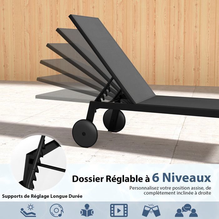 Set di 2 lettini prendisole COSTWAY con ruote, schienale regolabile in 6 posizioni, in Textilene, per piscina, patio e giardino, colore grigio.