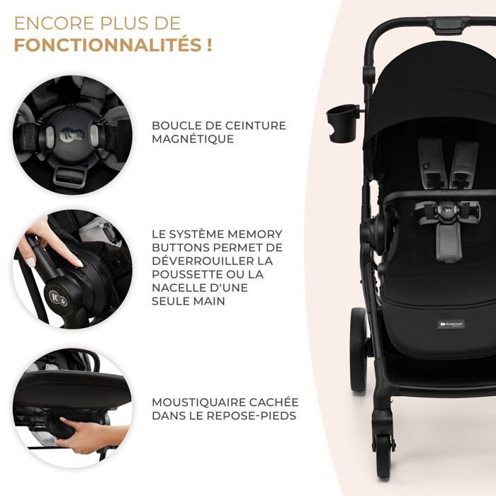 Cochecito multifuncional 2 en 1 Kinderkraft YOXI, ligero y manejable, impermeable con filtro UPF50+, hasta 4 años, negro.