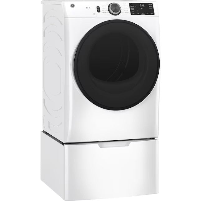 Secadora elétrica inteligente empilhável GE de 7,8 pés cúbicos (branca) com certificação ENERGY STAR.