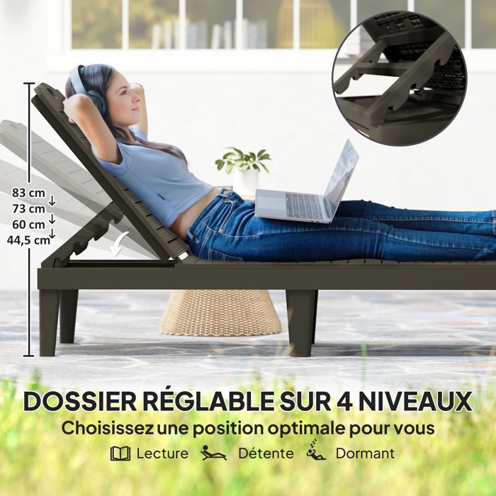 Set of 2 sun loungers - Outsunny - 4-position adjustable backrest - PP - 56 x 187 x 28 cm - black