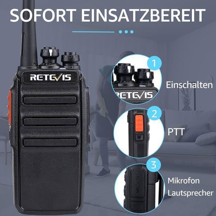 Walkie Talkie profesional recargable Retevis RT24 PMR446 de 16 canales CTCSS/DCS, con auriculares y estuche de carga, ideal para senderismo.