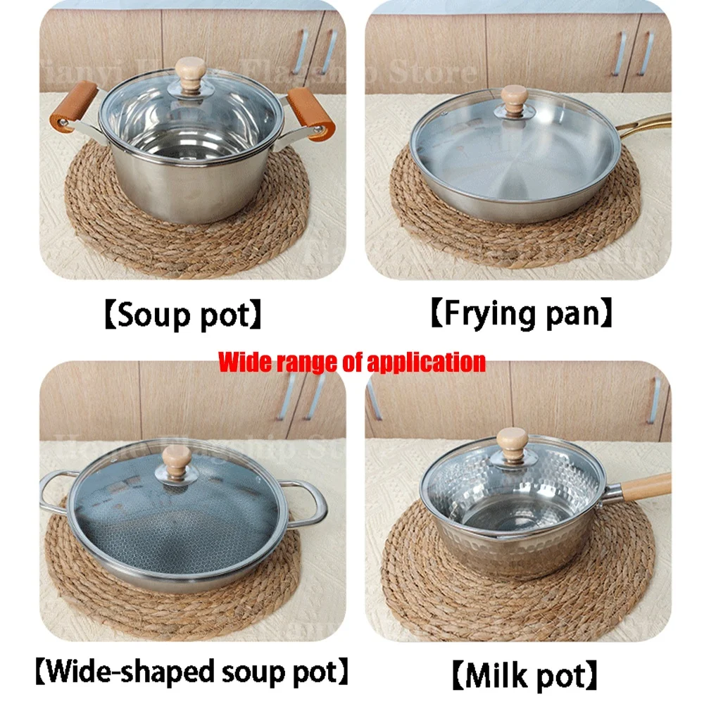 Couvercle de casserole en verre trempé avec poignée en bois et rebord, anti-éclaboussures et incassable, rond, pour une utilisation polyvalente dans la cuisine domestique.