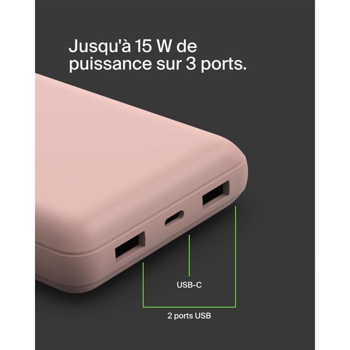 Batería externa - BELKIN - 20.000 mAh - USB-A y USB-C - 15 W - Rosa