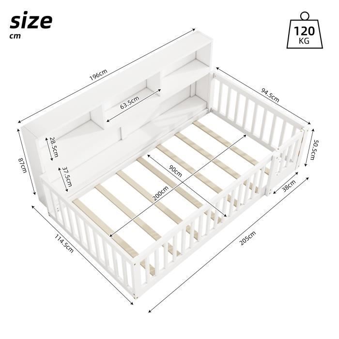 Cama infantil - LEYTN - 90x200cm - Madera de pino y MDF - 4 compartimentos - Barandillas de seguridad