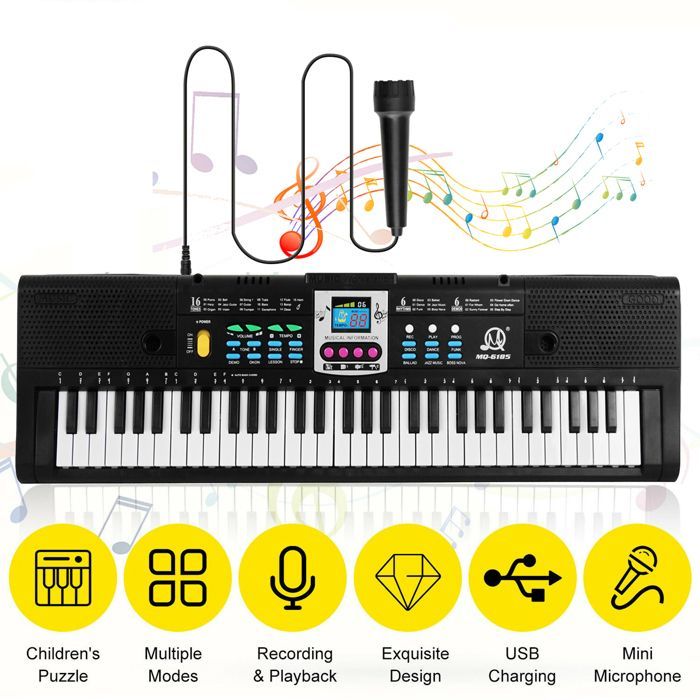 Teclado electrónico de 61 teclas para niños - Piano digital con micrófono - Función USB - Instrumento musical para