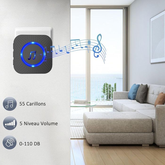 Timbre inalámbrico de largo alcance (300 m), resistente al agua, electrónico, con 55 melodías, 5 niveles de volumen y LED azul. Incluye 1 transmisor y 2 receptores.