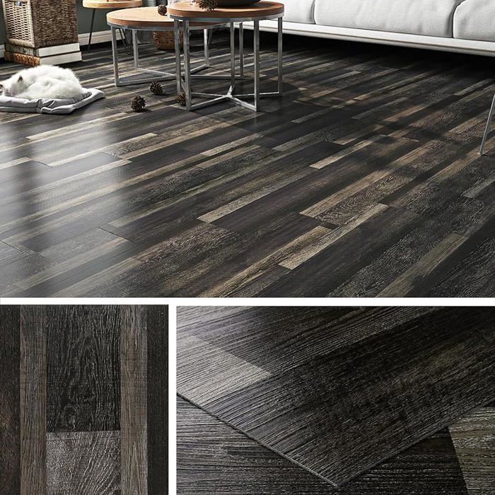 Suelo adhesivo de PVC, acabado madera oscura, 30x30cm, gris antracita, impermeable, 30x30cm, 4 baldosas de madera oscura, SUELO DE PVC MADERA OSCURA