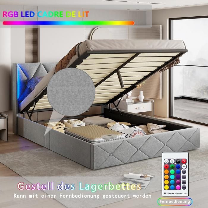 Letto 160x200 cm - Letto contenitore da 160 cm con rete a doghe inclusa - Letto matrimoniale imbottito con illuminazione a LED - in velluto grigio ghiaccio