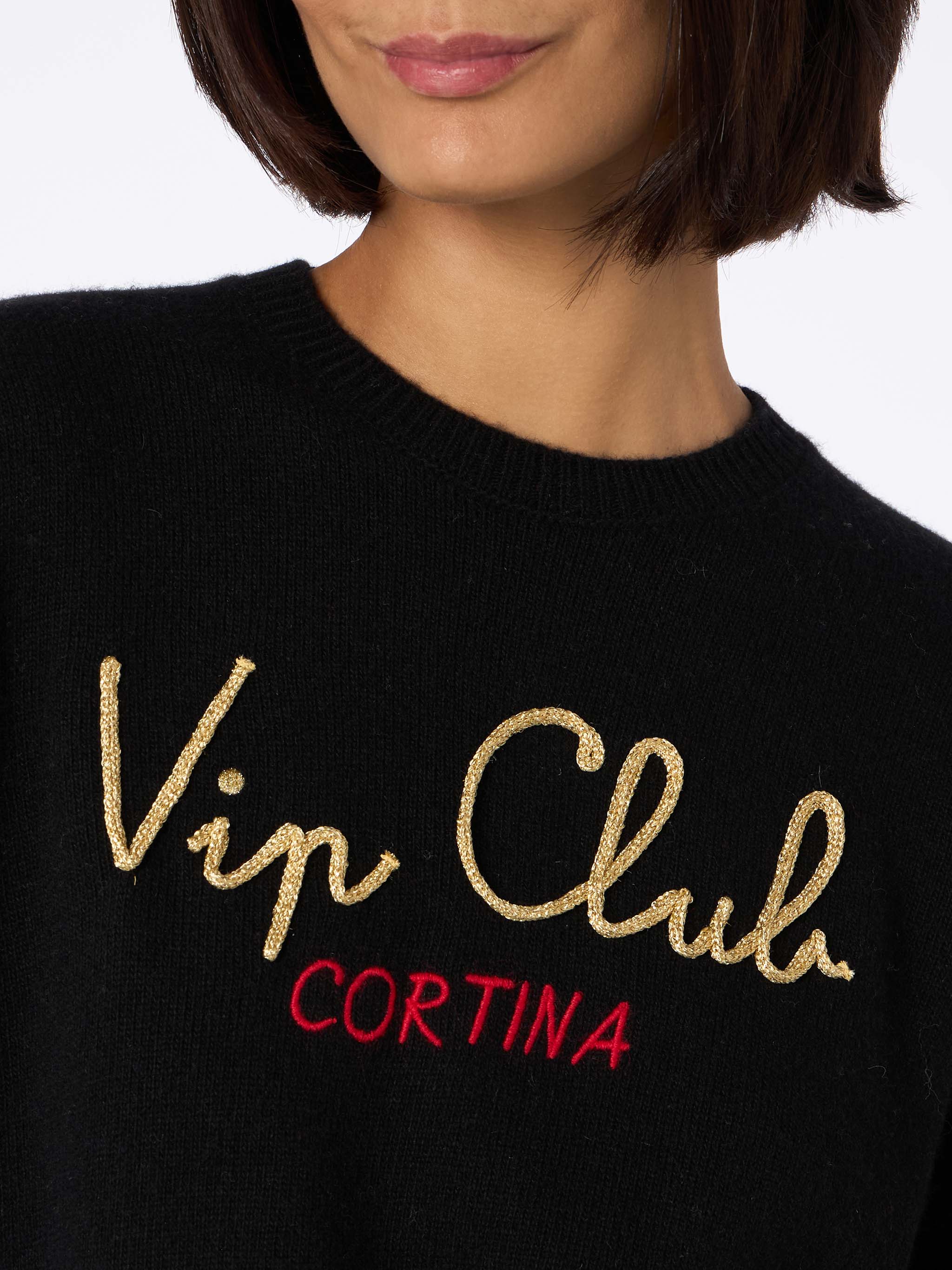 Maglione da donna nero New Queen con ricamo Vip club Cortina | VIP CLU