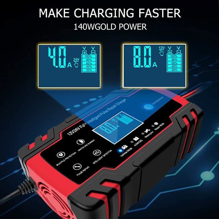 Chargeur de Batterie Intelligent 12V/24V 8A, Chargeur Batterie Mainteneur  LCD,  AGM, Gel, Wet, SLA(8-100AH) (BlackRed)