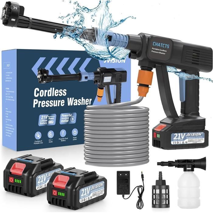 Cordless High Pressure Washer with 2 x 4000mAh Batteries, 6-in-1 Wash Gun with Tap Connector for Cars - 50bar