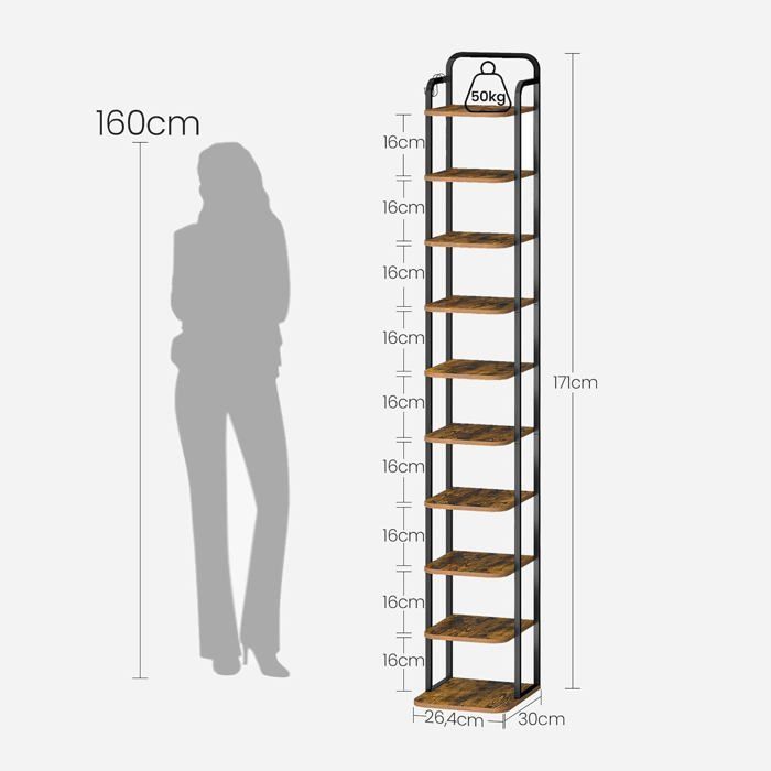 Étagère à Chaussures à 10 Niveaux, Rangement Chaussures pour Petits espaces, Meuble de Rangement Chaussures réglable, pour Entrée