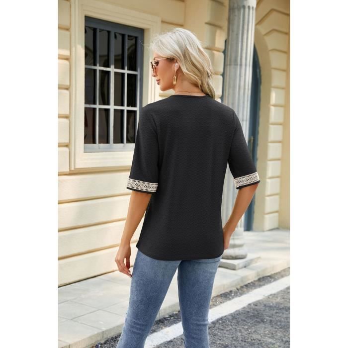 Camiseta de manga corta con cuello en V para mujer, ideal para el verano, con detalles de encaje, corte holgado informal y cómodo, en color de contraste. Talla europea. Color negro.