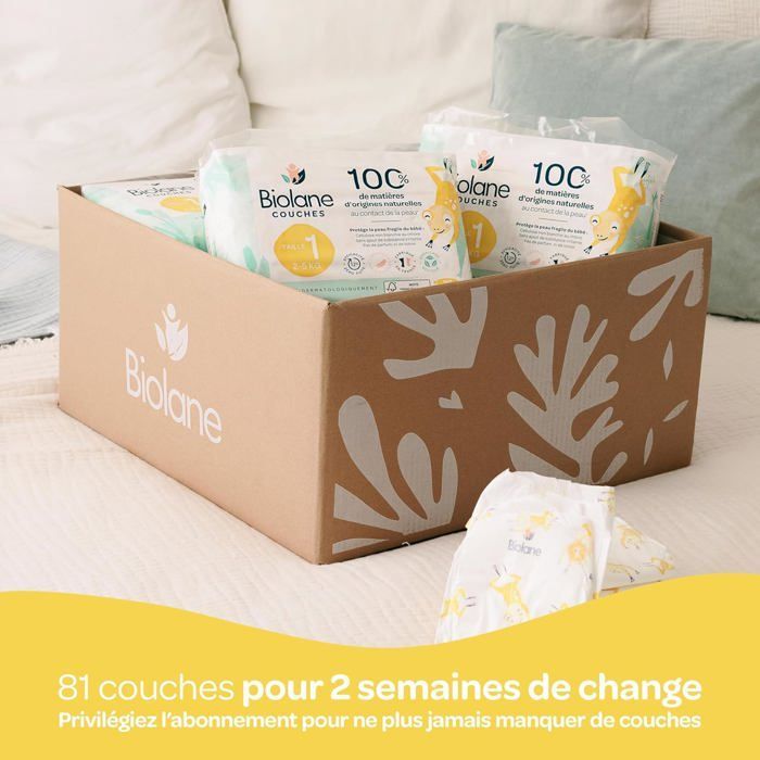 BIOLANE - Couches bébé taille 1 - (2-5 kg) - Peaux Sensibles - Demi pack 81 couches