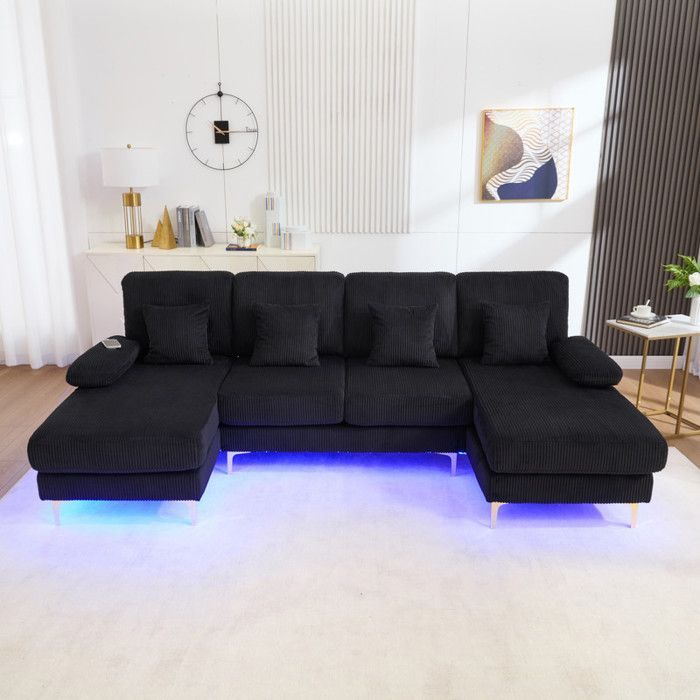 Wendbares 4-Sitzer-Ecksofa, U-förmiges Sofa mit LED-Beleuchtung und USB-C-Anschluss, 4 Kissen und hochwertiger ergonomischer Rückenlehne, Holz