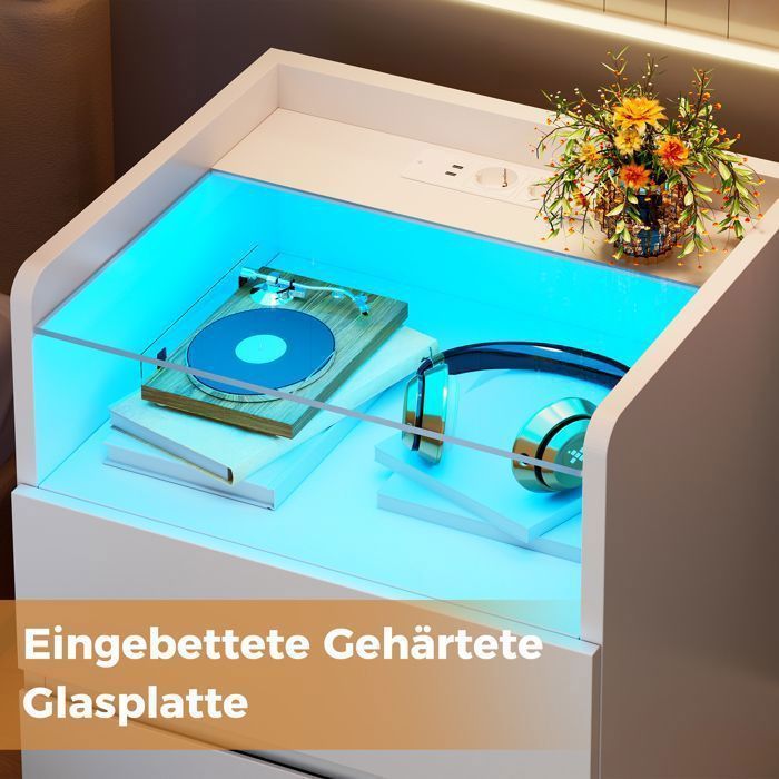 Set of 2 Bedside Tables 40×35×60cm with Glass Top, 2 USB Ports and Sockets, Adjustable LED, 2 Drawers, White