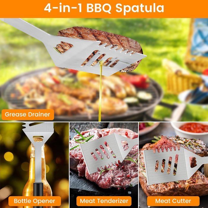 Accesorios de acero inoxidable para barbacoa - FEBEST - Espátula 4 en 1 - Tenedor - Pinzas para barbacoa - Brochetas