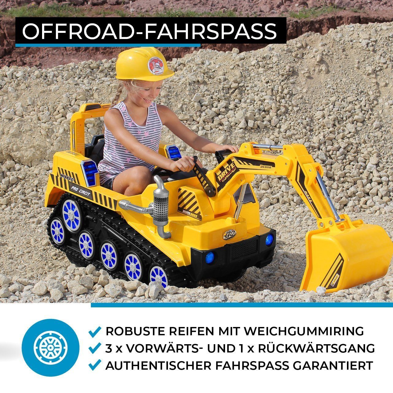 Pelleteuse électrique pour enfants Actionbikes Motors D2811 - avec télécommande et frein automatique, capacité de charge 30 kg, (3 pièces), jouet pour enfants à partir de 3 ans - module sonore - LED