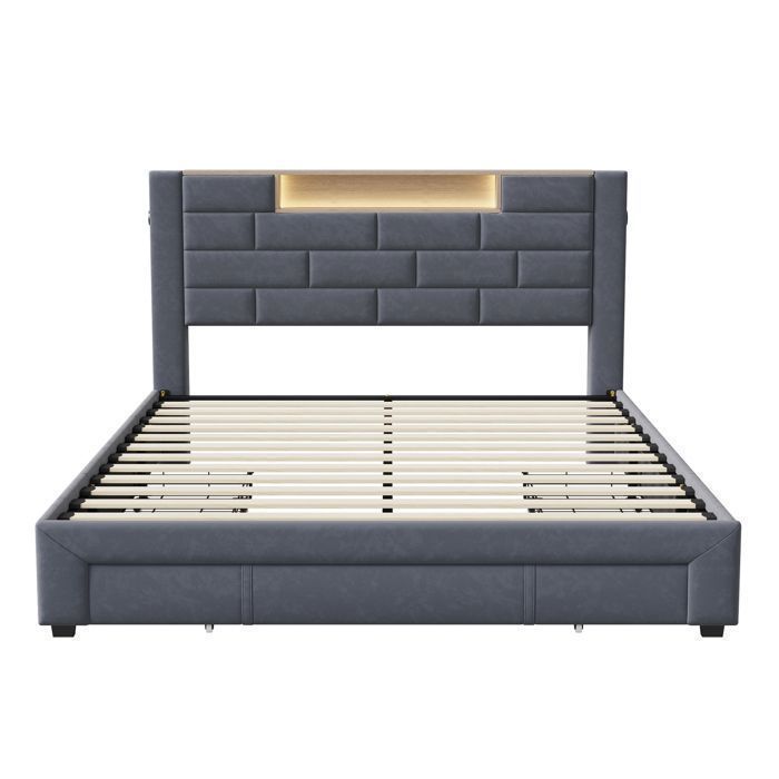 Cama de 140x190 cm - COZY - LED - tela de terciopelo - estructura de cama doble de 140x190 cm - gris