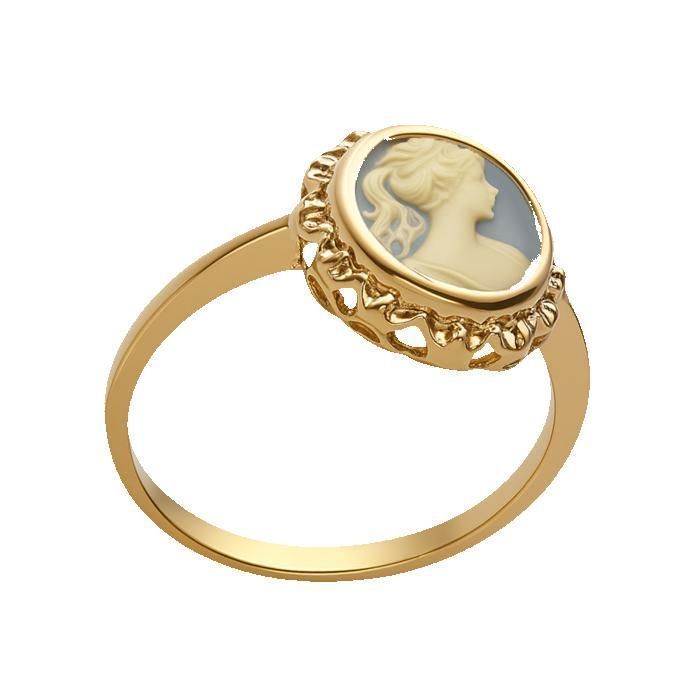 Vintage damesring met camee, 18-karaats verguld – Retro camee-sieraad, Grieks/Romeins profiel, blauw