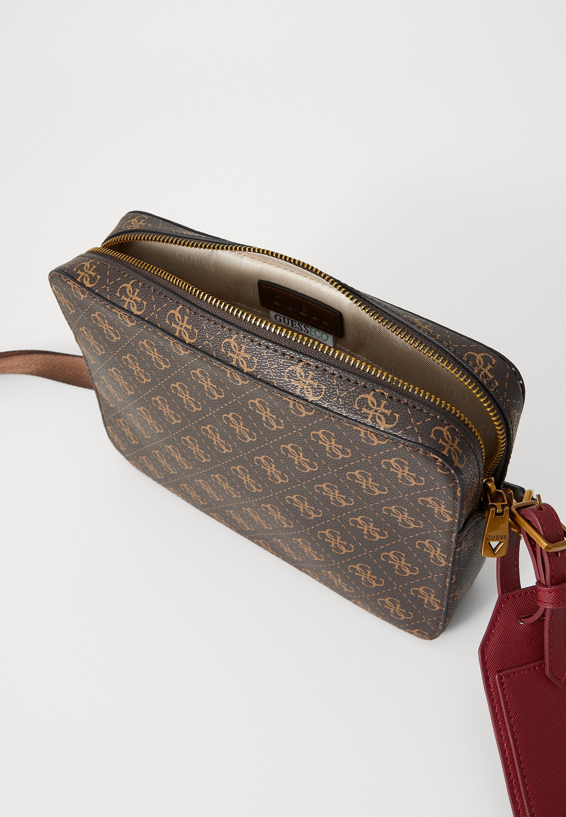 Guess MILANO DOUBLE CROSSBODY - Crossbodytas - bruin/oker/bordeauxrood