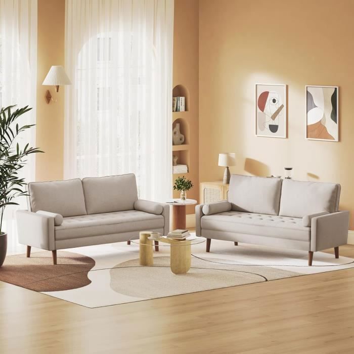 DRIPEX Canapé 3 Places Style Contemporain en Tissu Beige avec 2 coussins ,pieds bois massif ,Fauteuil Moderne 77x173x84cm