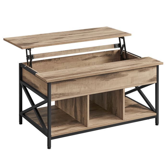 Table Basse Relevable, Rangement Ouvert et Compartiment Caché, Barres en Forme de X, 60 x 100 x (48-62) cm, Marron chêne et Noir