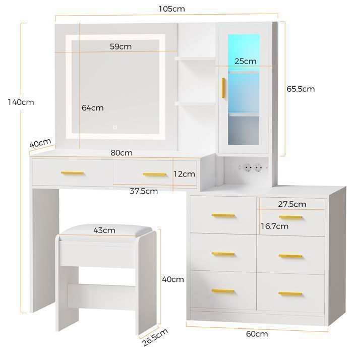 Coiffeuse avec Miroir et Tabouret, 2 Prises et Port USB, LED Réglable, 8 Tiroirs de Rangement, 1 Porte, Blanc