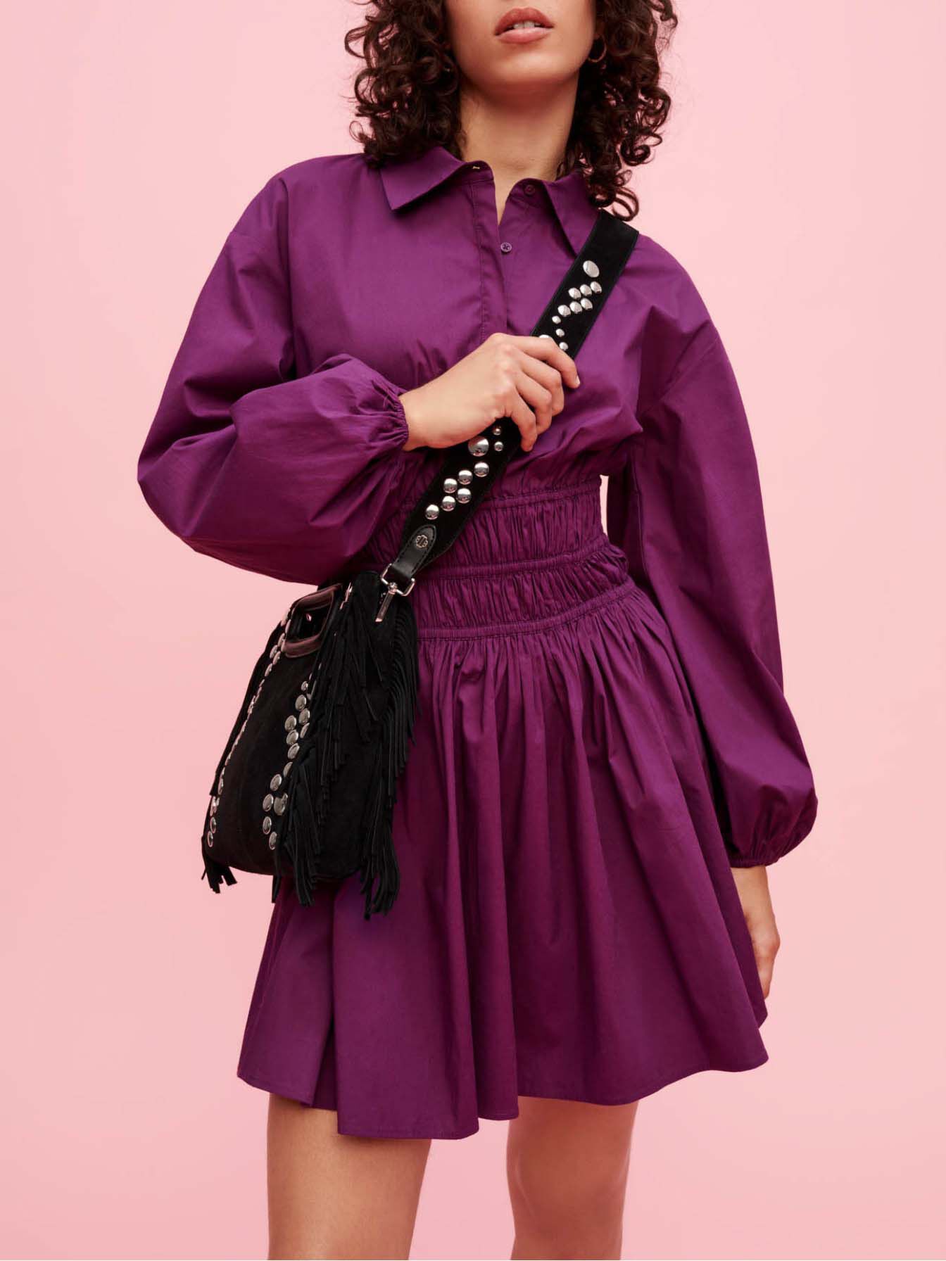Katoenen jurk met plooien in de taille - Violet