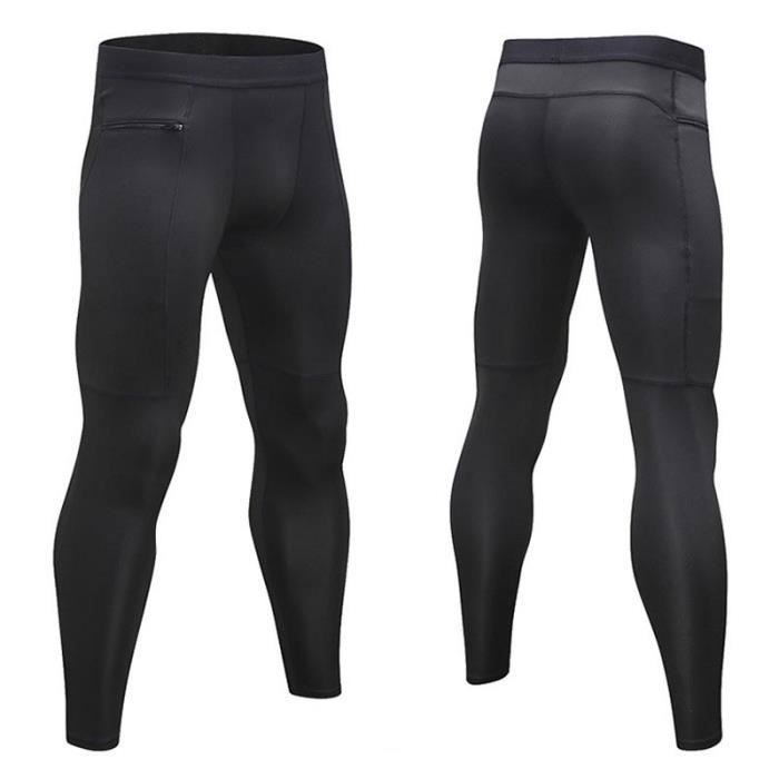 Mallas deportivas para hombre, pantalones de fitness con bolsillo de compresión con cremallera, mallas de secado rápido para correr - Negro