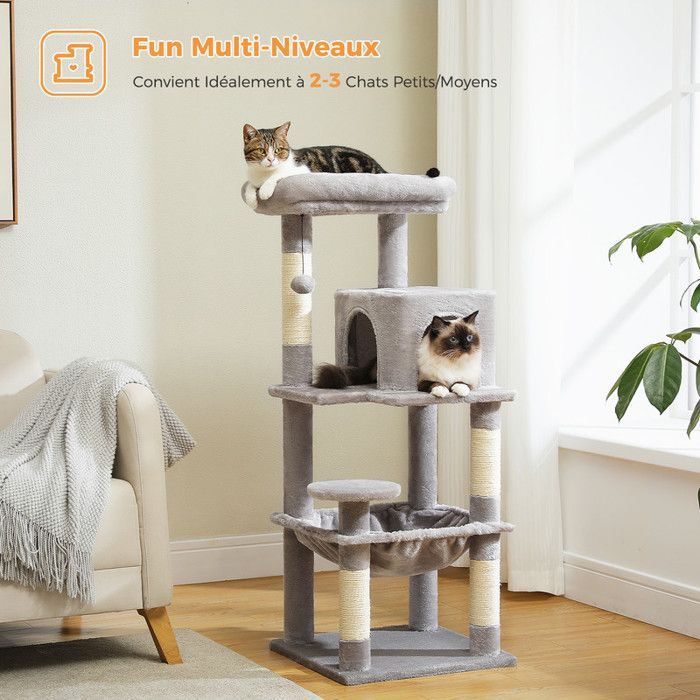PAWZ Road Arbre à chat Design Spacieux Grande Hamac Dur Stable Avec hamac et belle maison pour chat-M Gris 116cm