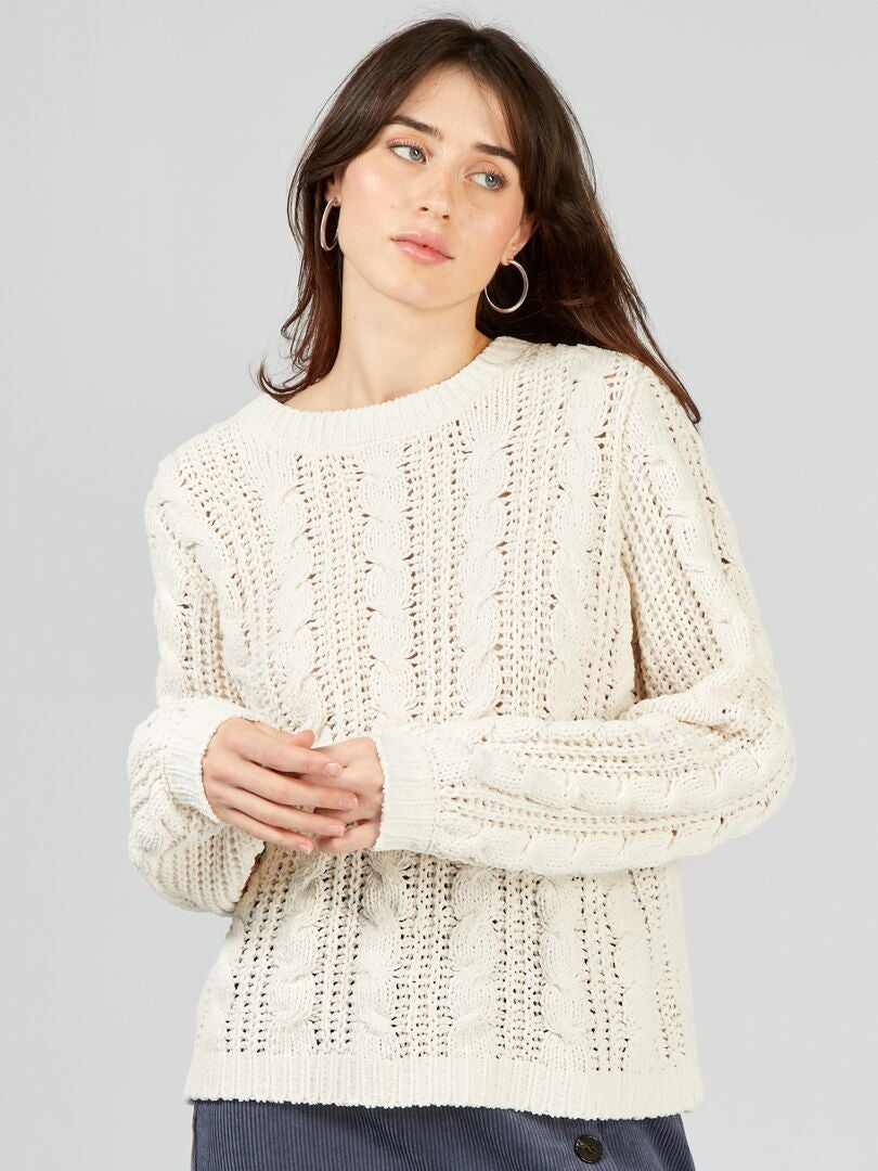 Sweter z ażurową dzianiną - BEŻOWY