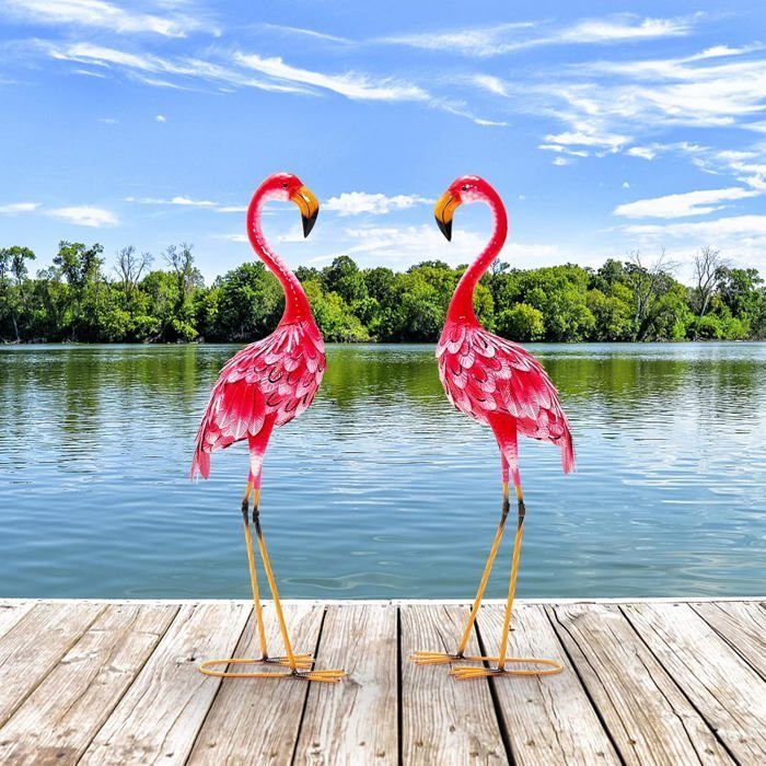 GIANTEX Lot de 2 Statues 89 CM de Flamant Rose de Jardin en Métal, Décoration Extérieure Sculpture d’Oiseau Rose de Jardin