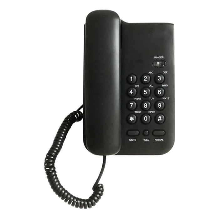 Teléfono fijo con cable, negro, 13,4 x 12,2 cm, botones grandes para personas mayores.