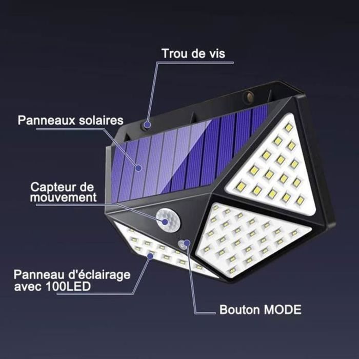Conjunto de 4 luzes solares externas AUDBURN com 100 LEDs, 2200mAh e 3 modos de iluminação - Preto - Sensor de movimento