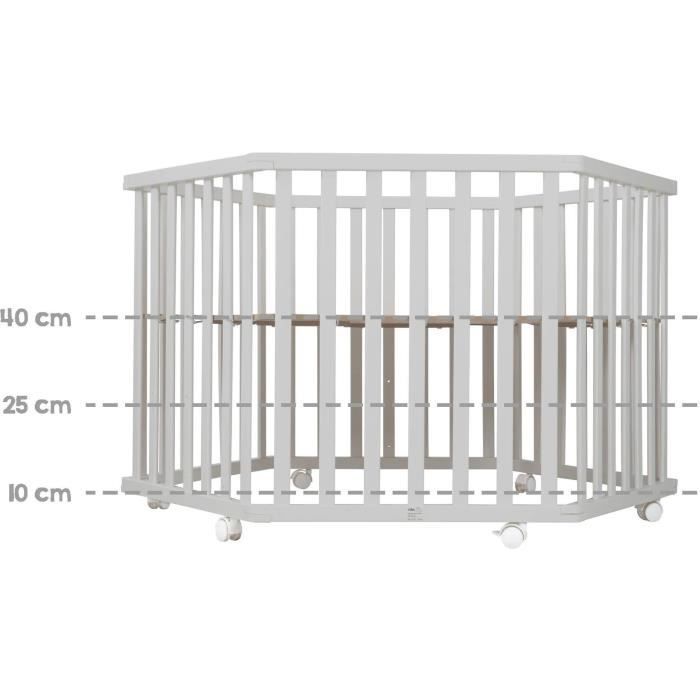 Parque infantil hexagonal convertible ROBA - STERNENZAUBER - Funda acolchada - Estampado de elefantes - 6 ruedas con freno - Madera lacada en gris