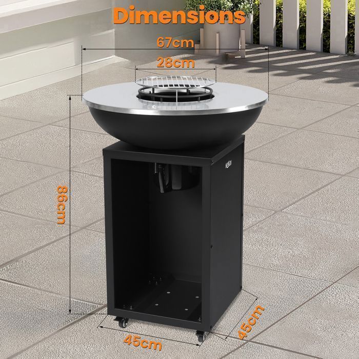 Barbecue a carbone KOTEZU da 67 cm con piastra, griglia centrale da 28 cm, cassetto cenere rimovibile, con ruote, per giardino e patio.