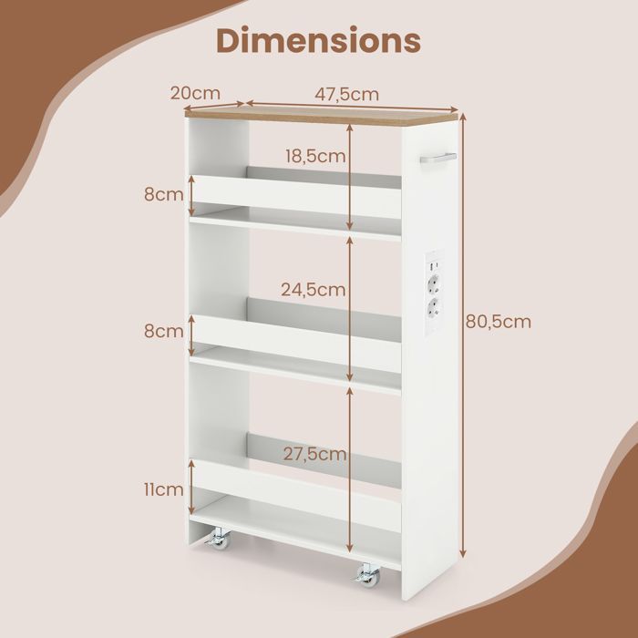 Carrinho de Cozinha Estreito GIANTEX com Rodas - 47,5x20x80,5cm - Estação de Carregamento - Carrinho de Serviço com 4 Níveis - Branco + Natural
